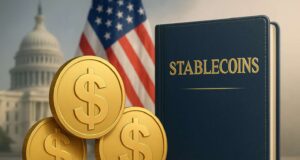 US Stablecoin Law 2025: What Changes for Crypto Compliance and Consumers Photo-realistic illustration of golden dollar coins, a legal book titled “Stablecoins,” and the US Capitol building in the background, symbolizing US stablecoin regulation and financial compliance.