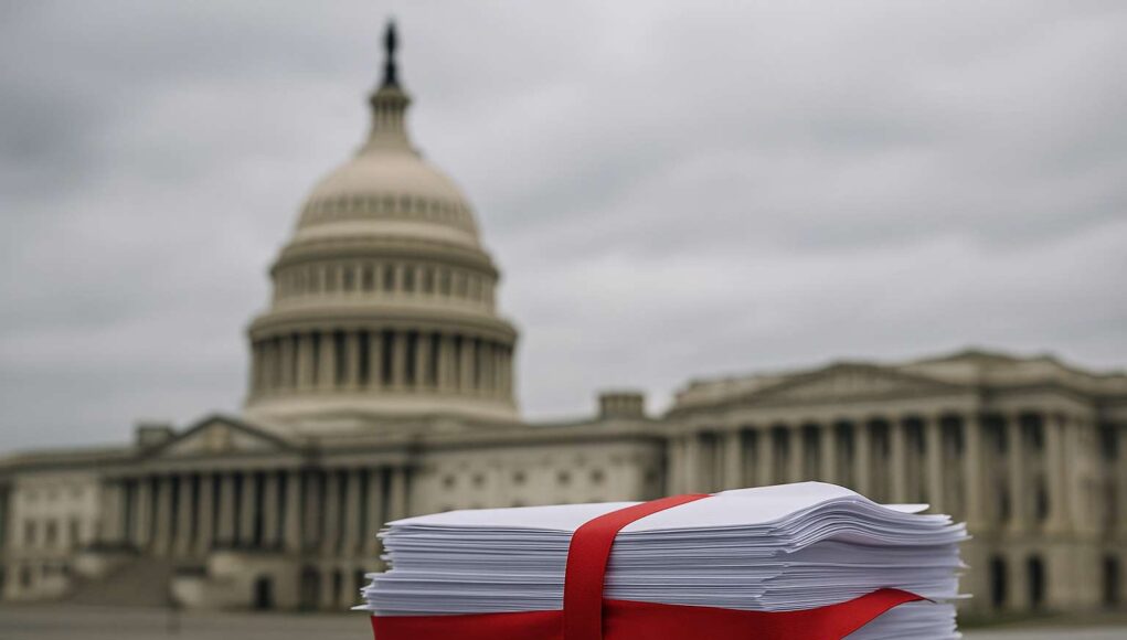 A stack of legislative documents bound with red tape sits on a stone ledge in front of the blurred US Capitol building under overcast skies, symbolizing stalled US crypto regulation and Congressional gridlock.