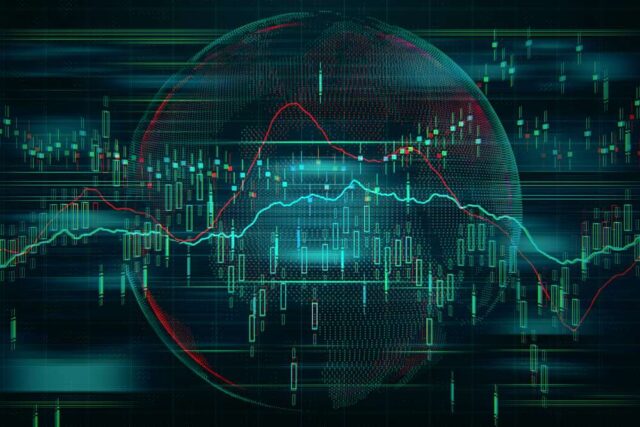 Finance and global financial markets concept world map at background stock market chart and forex data. 3d rendering