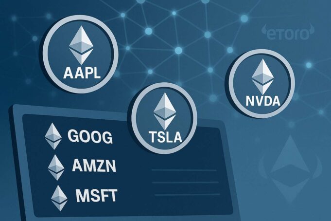 Illustration of tokenized U.S. stocks as Ethereum-style coins labeled AAPL, TSLA, NVDA, GOOG, and AMZN, floating over a blockchain network with eToro branding, symbolizing eToro's move into 24/5 trading and blockchain infrastructure.