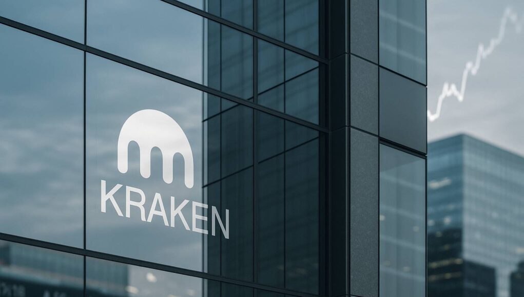 Glass facade of a modern office tower reflecting the Kraken logo, with blurred financial charts and ticker tape in the background, symbolizing crypto IPO ambitions and institutional finance.