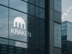 Kraken Joins Corporate Push Behind Trump Accounts — But With a Wyoming Twist Glass facade of a modern office tower reflecting the Kraken logo, with blurred financial charts and ticker tape in the background, symbolizing crypto IPO ambitions and institutional finance.