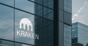 Kraken IPO 2026: $500M Raise at $15B Valuation Signals Public Market Return Glass facade of a modern office tower reflecting the Kraken logo, with blurred financial charts and ticker tape in the background, symbolizing crypto IPO ambitions and institutional finance.
