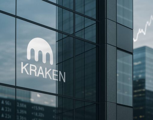 Kraken Joins Corporate Push Behind Trump Accounts — But With a Wyoming Twist Glass facade of a modern office tower reflecting the Kraken logo, with blurred financial charts and ticker tape in the background, symbolizing crypto IPO ambitions and institutional finance.