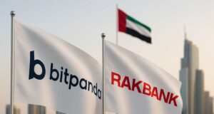 Crypto Meets Conventional: RAKBANK and Bitpanda Unlock Direct Trading for UAE Customers Flags of Bitpanda and RAKBANK side by side with the UAE flag in the background, set against a modern Dubai skyline. The companies partnered to launch embedded crypto trading services for UAE retail banking customers.