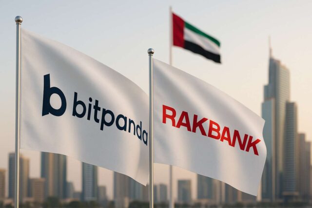 Flags of Bitpanda and RAKBANK side by side with the UAE flag in the background, set against a modern Dubai skyline. The companies partnered to launch embedded crypto trading services for UAE retail banking customers.