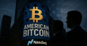 American Bitcoin’s Nasdaq Debut Blends Politics and Wall Street Ambitions Nasdaq building in New York displaying American Bitcoin logo with Bitcoin symbol, illustrating Trump-backed American Bitcoin Nasdaq listing through Gryphon Digital Mining merger.