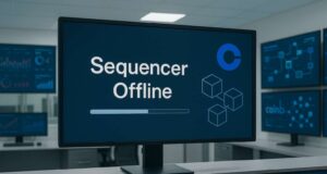 Coinbase’s Base Network Suffers Outage — What Happened and Why It Matters Photo-realistic image of a modern network operations center showing a large central monitor with the message “Sequencer Offline” and blockchain graphics, illustrating the Base network outage affecting Coinbase’s Layer 2.