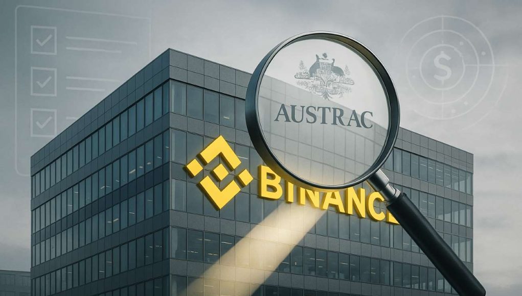 Editorial illustration of Binance headquarters under an AUSTRAC audit, with a magnifying glass featuring the AUSTRAC seal highlighting compliance checks and AML oversight.