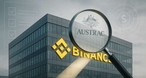 AUSTRAC Orders Binance Audit Amid Global Scrutiny of AML Compliance Editorial illustration of Binance headquarters under an AUSTRAC audit, with a magnifying glass featuring the AUSTRAC seal highlighting compliance checks and AML oversight.