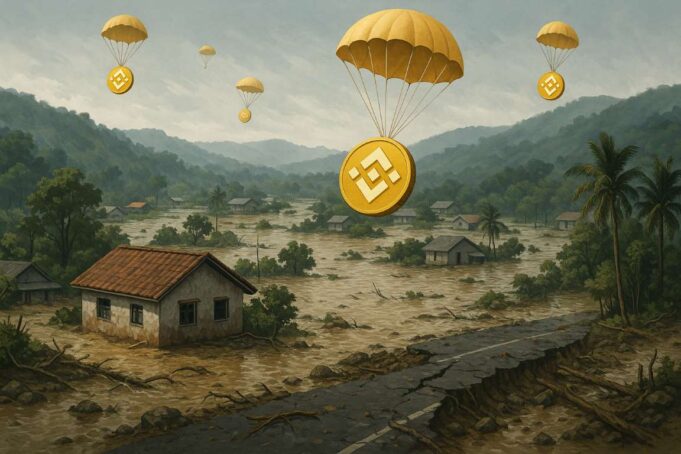Illustration of a flooded rural area in Southern Taiwan with BNB coins descending by parachute, symbolizing Binance’s crypto airdrop for disaster relief.