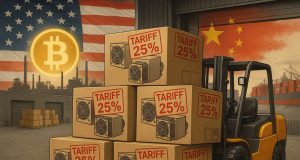 Tariffs Push U.S. Bitcoin Mining Into Survival Mode Amid Global Supply Chain Shakeup Photo-realistic editorial illustration. Boxed Bitcoin mining rigs with “Tariff 25%” customs tags at a port, forklift moving equipment, U.S. and Chinese flags in the background with a glowing Bitcoin symbol.