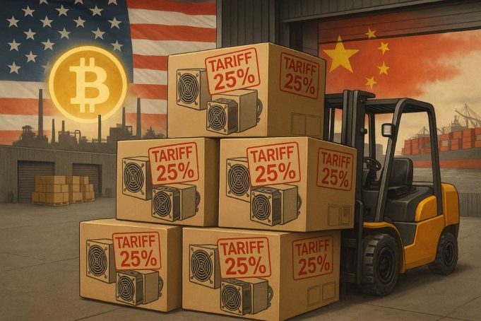 Photo-realistic editorial illustration. Boxed Bitcoin mining rigs with “Tariff 25%” customs tags at a port, forklift moving equipment, U.S. and Chinese flags in the background with a glowing Bitcoin symbol.