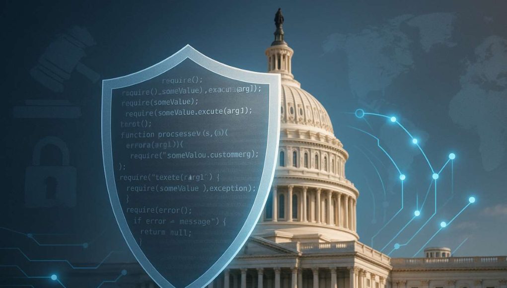 U.S. Capitol with a translucent code shield and subtle circuitry, illustrating the Senate crypto bill debate over developer protections and U.S. innovation.