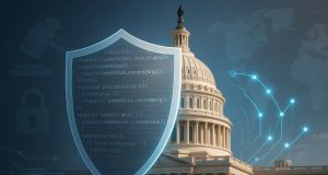 U.S. Capitol with a translucent code shield and subtle circuitry, illustrating the Senate crypto bill debate over developer protections and U.S. innovation.