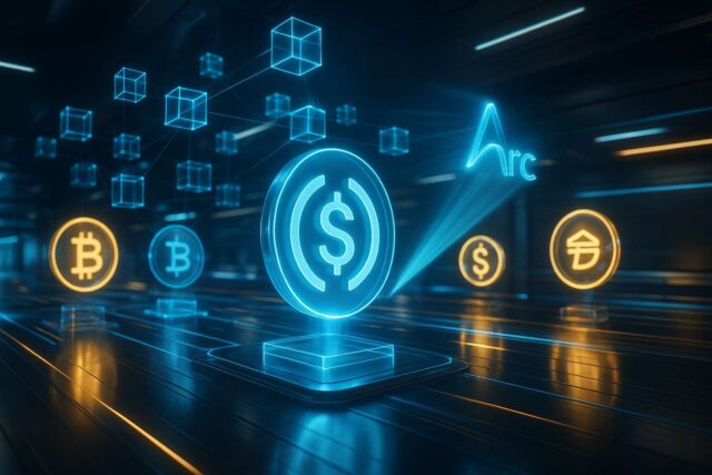 Futuristic digital finance hub with glowing USDC symbol and connected blockchain nodes, representing Circle’s upcoming Arc Layer-1 blockchain for stablecoin payments and FX.
