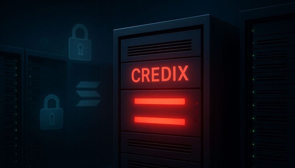 A dimly lit server room with a glowing red “CREDIX” server showing warning lights, symbolizing a DeFi hack. Faint Solana logos and digital padlocks appear in the background, highlighting smart contract vulnerability.