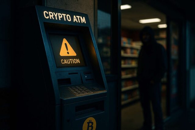Photo-realistic illustration of a Bitcoin-enabled crypto ATM in a dimly lit store displaying a caution warning, with a shadowy figure watching from the background, symbolizing crypto ATM fraud risk.