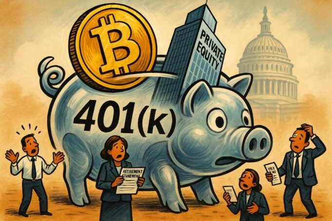 Satirical editorial illustration of a giant Bitcoin and private equity skyscraper being placed into a transparent piggy bank labeled “401(k),” with miniature office workers looking shocked, set against a blurred U.S. Capitol dome, symbolizing Trump’s executive order on alternative assets in retirement plans.