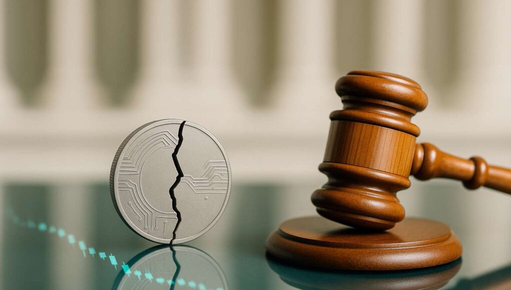 Cracked “stablecoin” coin beside a gavel on a courthouse table, symbolizing Do Kwon guilty plea in a U.S. fraud case and the TerraUSD/LUNA collapse.