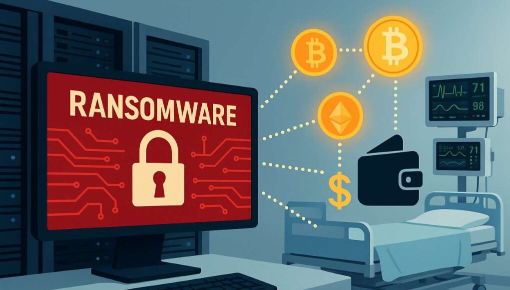 Bright editorial illustration showing a ransomware attack in a hospital setting. A red warning screen with a padlock icon faces a hospital bed and medical monitors, while cryptocurrency symbols and a wallet icon are connected by dotted lines, symbolizing ransom payments in digital currency.