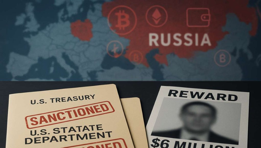 U.S. Treasury and State Department folders marked “Sanctioned” with a $6 million reward notice, set against a blurred map of Russia and cryptocurrency icons, symbolizing sanctions on Garantex and Grinex.