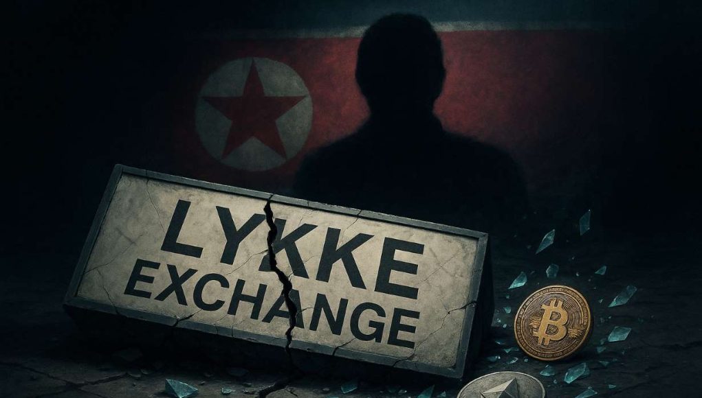 Editorial illustration of the collapsed Lykke Exchange, with a broken sign on the ground, Bitcoin and Ethereum fragments scattered like glass, and a shadowy North Korean figure symbolizing the Lazarus Group hack.