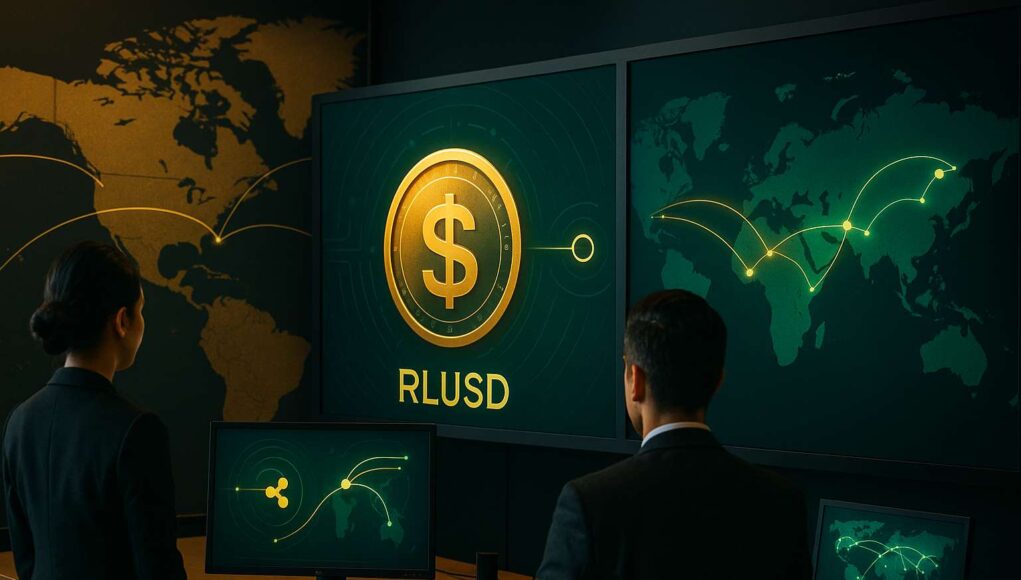 Corporate fintech office with two professionals viewing large digital screens displaying RLUSD stablecoin symbol and global cross-border payment routes in gold and green.