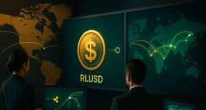Ripple Rail Acquisition: $200M Deal Set to Boost RLUSD Stablecoin and Challenge USDC, USDT Corporate fintech office with two professionals viewing large digital screens displaying RLUSD stablecoin symbol and global cross-border payment routes in gold and green.