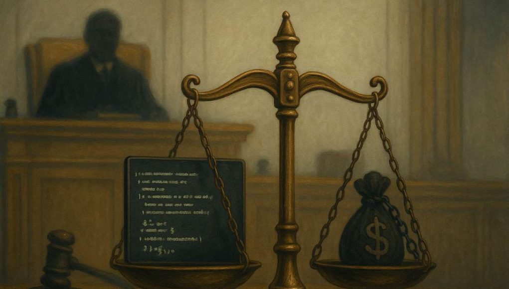 Editorial illustration of a courtroom with a scale of justice showing computer code on one side and a money bag with chains on the other, symbolizing the Tornado Cash trial and Roman Storm conviction over developer liability and illicit finance.