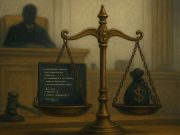Roman Storm’s Mixed Verdict Keeps Tornado Cash Trial Alive Weeks Later Editorial illustration of a courtroom with a scale of justice showing computer code on one side and a money bag with chains on the other, symbolizing the Tornado Cash trial and Roman Storm conviction over developer liability and illicit finance.