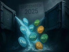 WLFI Launch Meets September Token Unlocks: $4.5B Supply Test for Crypto Markets Editorial illustration of crypto floodgates opening to release tokens like SUI, Aptos, Arbitrum, Velo, Ethena, and WLFI, symbolizing $4.5B in September token unlocks 2025.