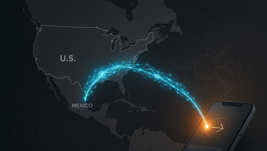 Editorial map of SoFi Bitcoin Lightning remittances from the U.S. to Mexico. Electric-blue node arc to a warm amber payout over Mexico, with a smartphone transfer UI in the foreground.