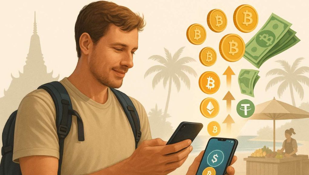 Tourist in Thailand using a crypto wallet app to convert Bitcoin, Ethereum, and Tether into Thai baht for spending during travel.