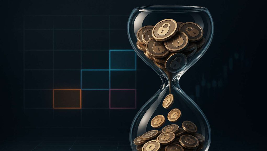 Glass hourglass pouring tokens onto a market grid with three late-August dates highlighted—editorial visual of this week’s $620M token unlocks (Sui, Jupiter, Optimism).