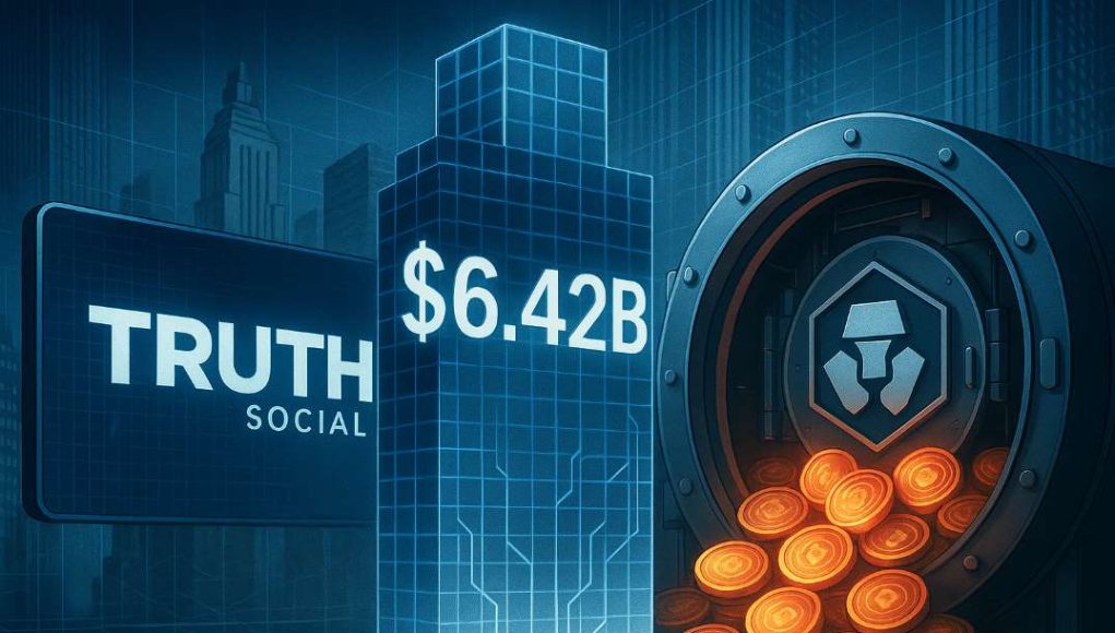 Editorial illustration of the Trump Media Crypto.com deal showing a digital asset treasury vault filled with CRO tokens, symbolizing the $6.42B partnership and Cronos institutional adoption.