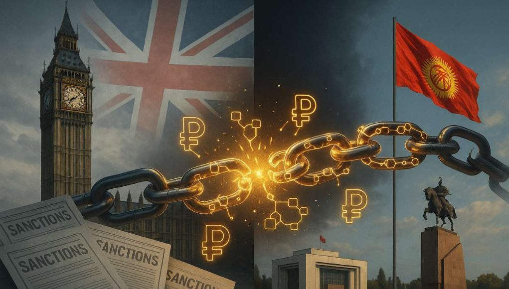 Photo-realistic editorial illustration showing a split between London and Bishkek, with UK and Kyrgyz flags, sanction documents, and a broken blockchain chain of ruble symbols representing the $9.3B crypto network targeted by UK sanctions.