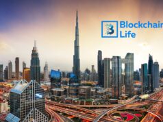 Blockchain Life 2025 "Skyline of Dubai bussines downtown at sunset with sun, United Arab Emirates. Dubai will once more host Blockchain Life, Dubai’s Largest Web3 and Crypto Event.