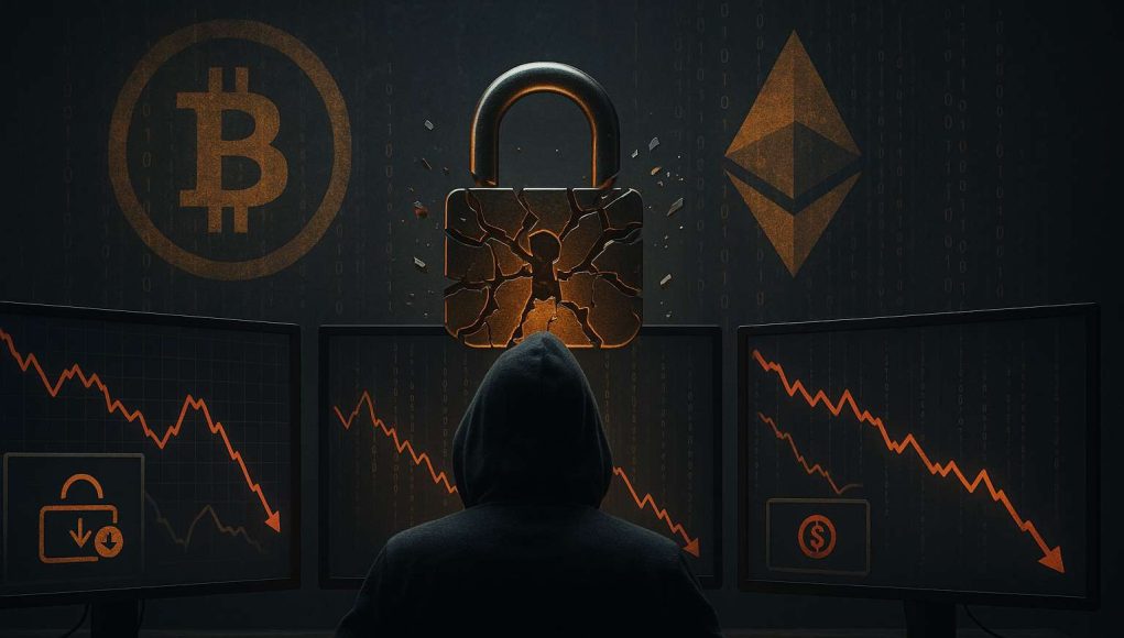 Editorial illustration of a hooded hacker in front of glowing computer screens with a shattered digital lock, Bitcoin and Ethereum symbols dissolving into code, symbolizing August 2025 crypto hacks, $91M Bitcoin heist, and BtcTurk breach.