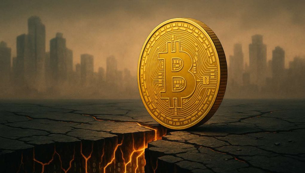 Golden Bitcoin coin balancing on a cracked digital floor with glowing binary code underneath, symbolizing a Bitcoin price drop and market uncertainty.