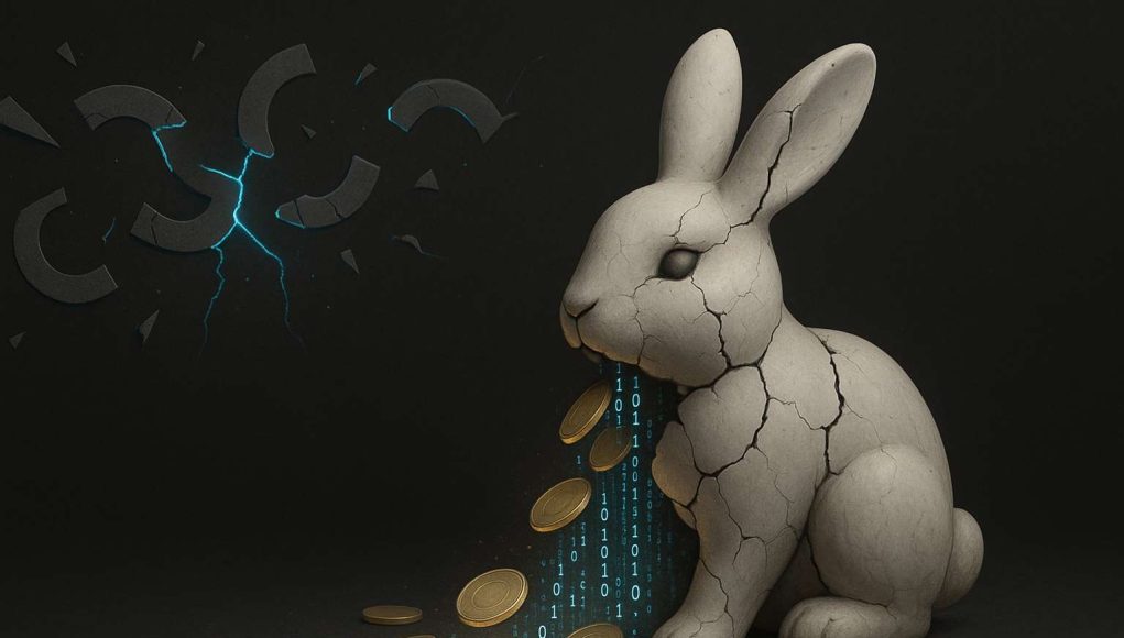 Editorial illustration of a cracked rabbit figurine symbolizing the Bunni hack, leaking digital stablecoins and code fragments, with fractured hook shapes in the background to represent the Uniswap v4 exploit.