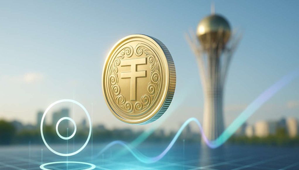 Kazakhstan EVO (KZTE) stablecoin visual showing a tenge coin over a high-throughput blockchain grid and global payment motif with Baiterek Tower in background.