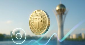 Kazakhstan’s EVO Stablecoin Blends Solana Speed with Mastercard Payments Kazakhstan EVO (KZTE) stablecoin visual showing a tenge coin over a high-throughput blockchain grid and global payment motif with Baiterek Tower in background.