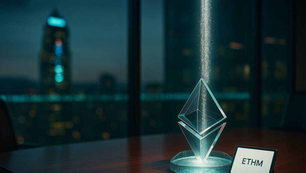 Dusk-lit glass boardroom with a diamond acrylic prism as a particle stream pools inside; a blurred ticker and tablet marked “ETHM” hint at Ether Machine’s upcoming Nasdaq listing.
