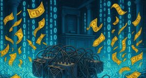 FTX Recovery Trust Sues Genesis Digital Assets to Claw Back $1.15B in Alleged Fraudulent Transfers Editorial illustration of a courtroom flooded with binary code and swirling dollar bills around Bitcoin mining rigs, symbolizing the FTX Recovery Trust $1.15B lawsuit against Genesis Digital Assets in Delaware bankruptcy court.
