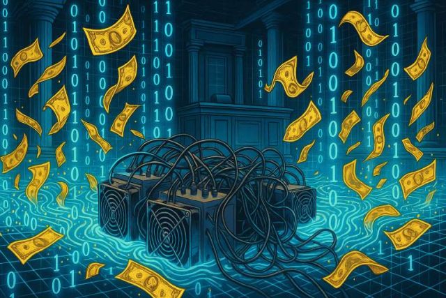 Editorial illustration of a courtroom flooded with binary code and swirling dollar bills around Bitcoin mining rigs, symbolizing the FTX Recovery Trust $1.15B lawsuit against Genesis Digital Assets in Delaware bankruptcy court.
