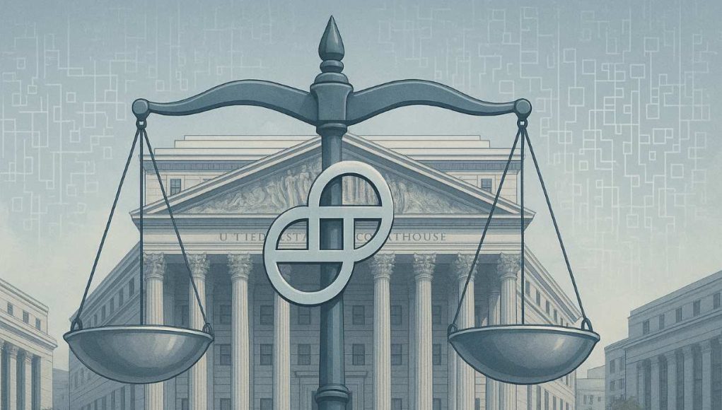 illustration of a New York federal courthouse with scales of justice blended into the Gemini logo, digital ledger patterns in the background, symbolizing the SEC settlement over the Gemini Earn program, 16:9, editorial style.