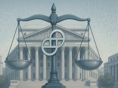 Gemini and SEC Reach “Resolution in Principle” to End Earn Lawsuit illustration of a New York federal courthouse with scales of justice blended into the Gemini logo, digital ledger patterns in the background, symbolizing the SEC settlement over the Gemini Earn program, 16:9, editorial style.