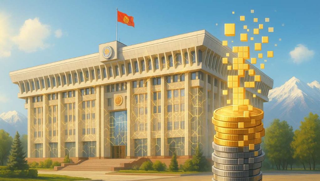 Editorial illustration of Bishkek White House with blockchain ledger overlays and coin stack transforming into pixelated blocks, symbolizing Kyrgyzstan’s state crypto reserve under new cryptocurrency law.