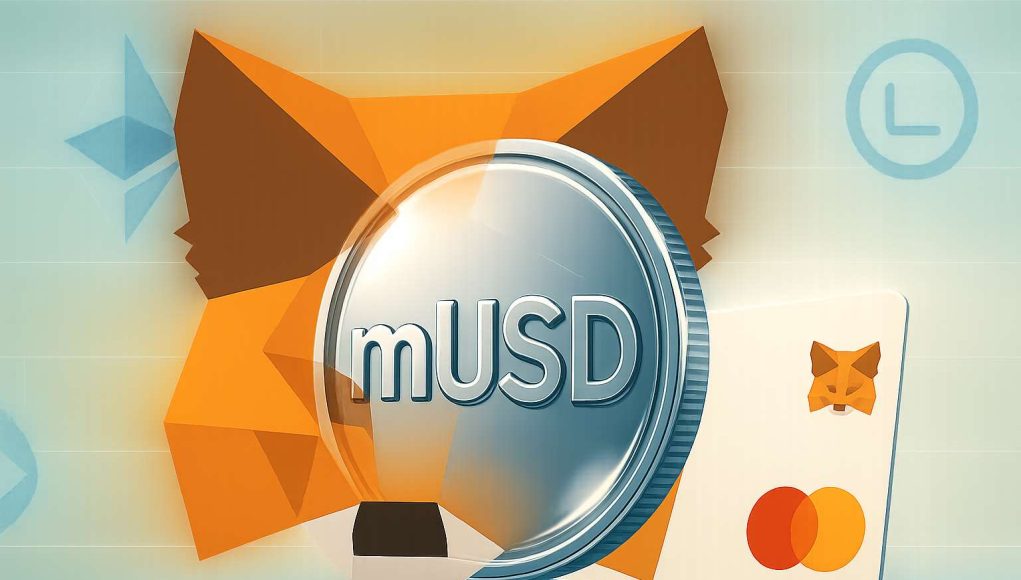 MetaMask fox silhouette framing a dollar-pegged mUSD coin, with subtle Ethereum and Linea motifs and a minimal payment card